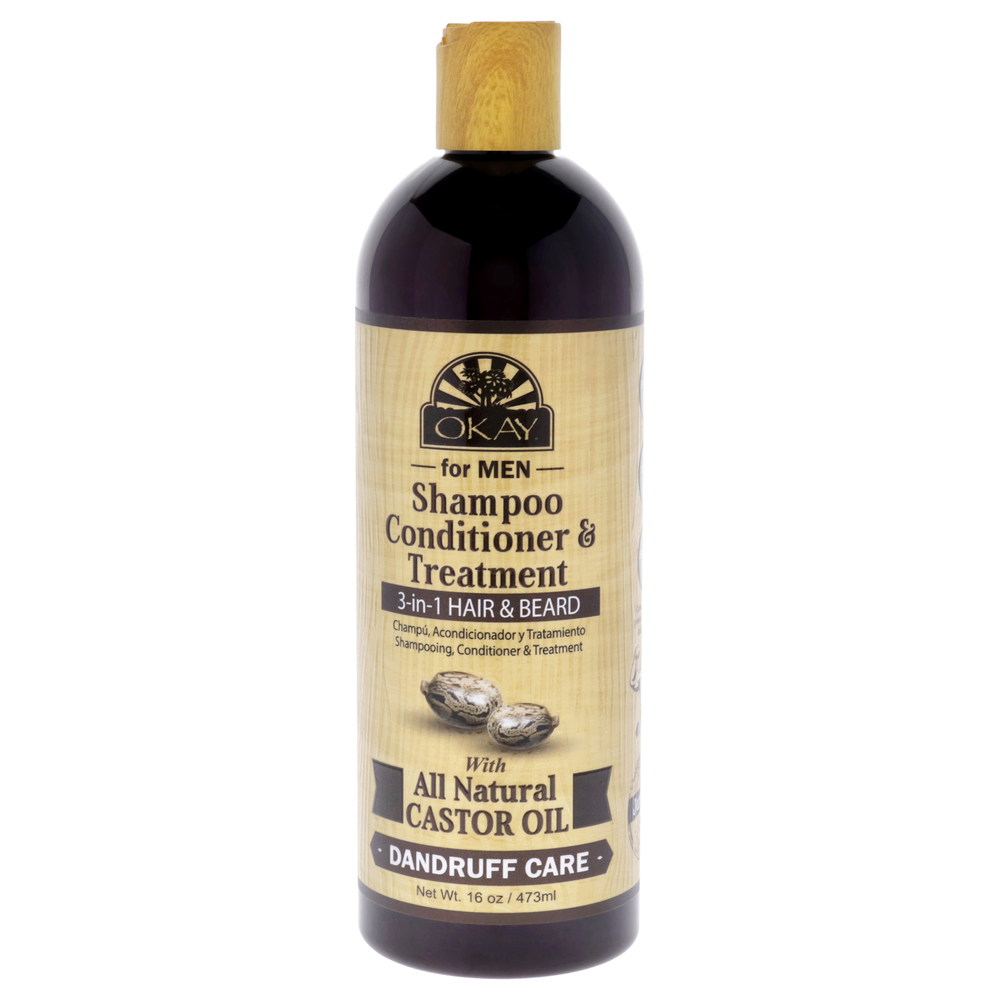 Castor Oil Hair & Beard 3-In-1 Shampoo-Conditioner + Treatment by Okay-Men-16 oz
